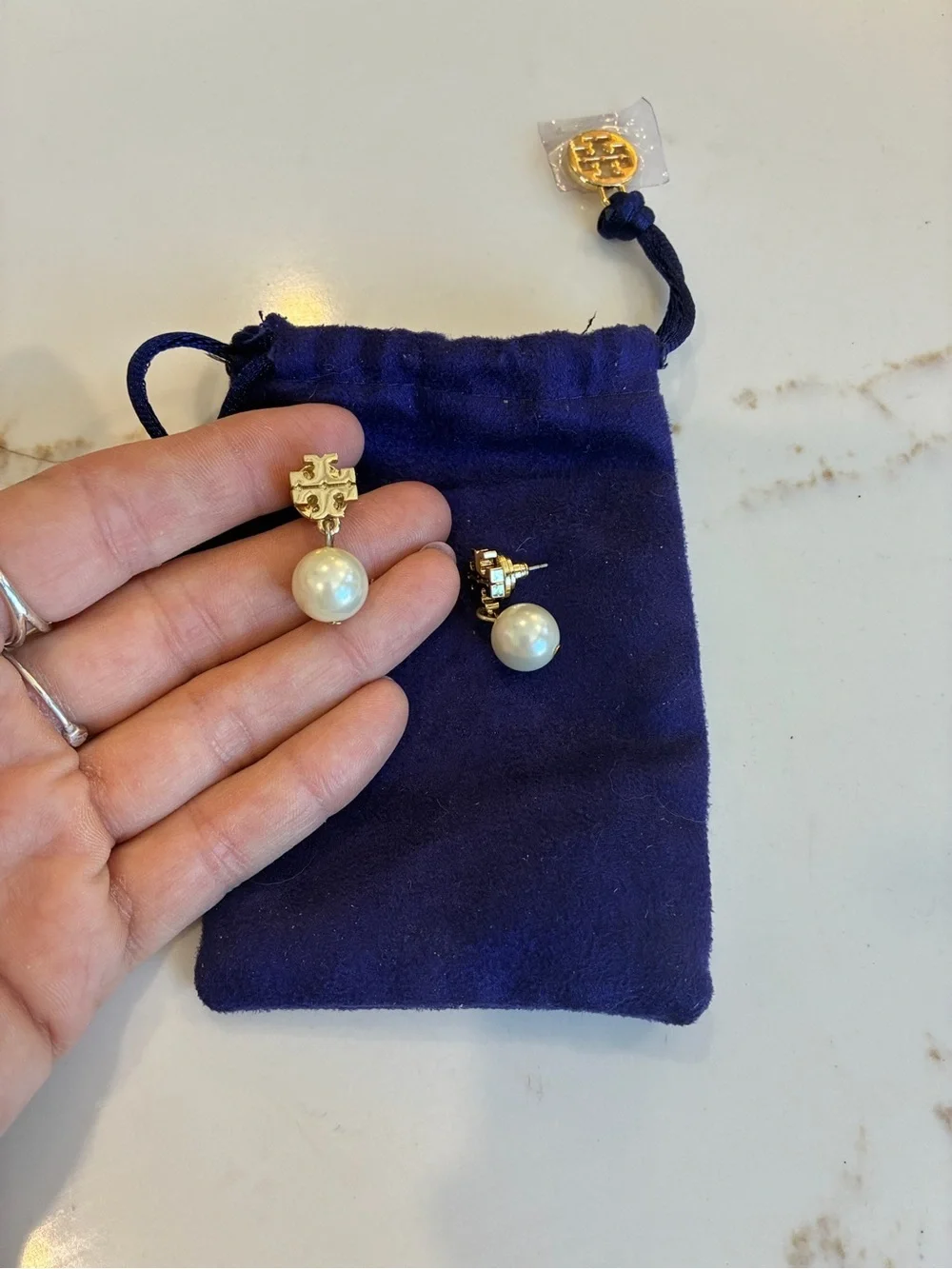Tory Burch Pearl Drop Logo Stud Earrings - Gold & Ivory